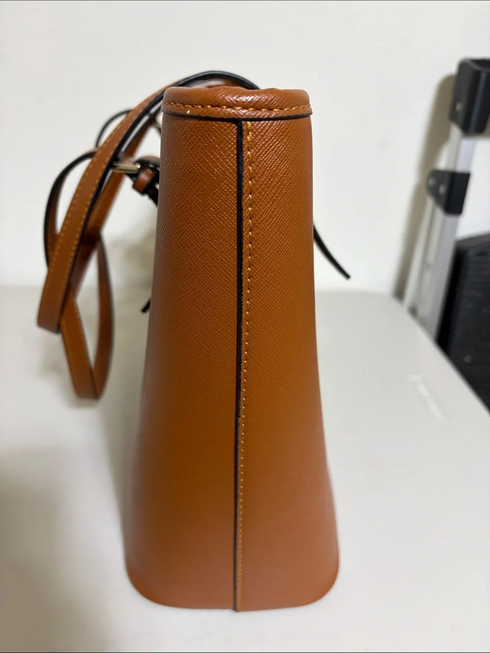 Fashion Tote Bag with Double Shoulder Strap and buckle accents Cognac